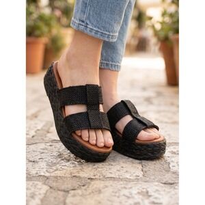 Zodiac Woven H-Strap Espadrille Platform Slide Sandals Black Tan Size 8